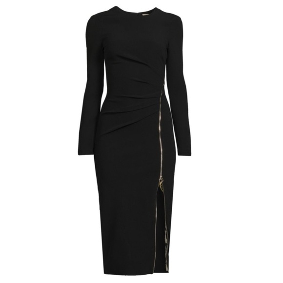 NEW ROBERTO CAVALLI Black Longsleeve Gold Zip Slit Tiger Bodycon Dress 46 10